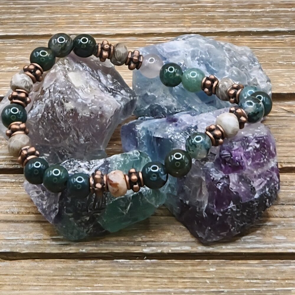 Moss Agate, Agatized Coral and Copper Beaded Bracelet